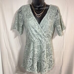 Altar'd State Sage Green Lace Romper Open Back Tie V-Neck Size Small Cottagecore